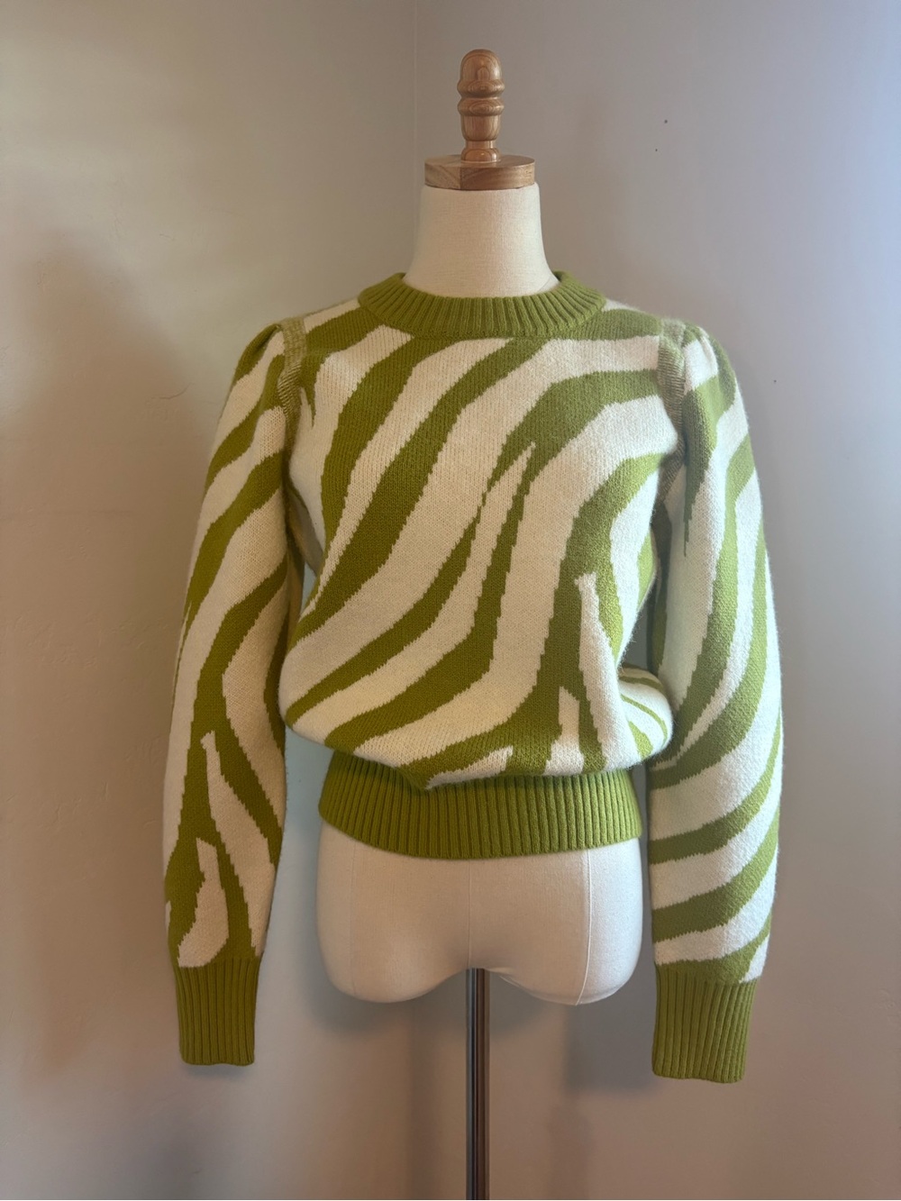 Greylin Green and Cream Zebra-Pattern Crewneck Sweater